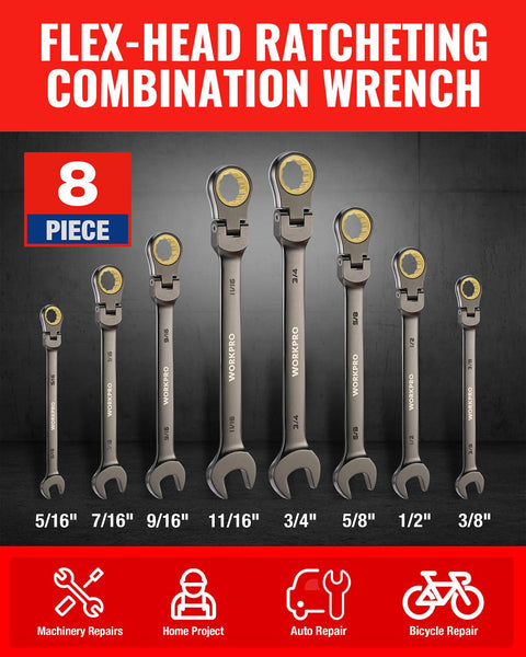 Eight Piece Flex Head Ratcheting Wrench Set For SAE Five Sixteenths To Three Quarters Inch With 72 Tooth Ratchets CR V Construction Nickel Plated Durable Organizer Bag Included For The Garage Boss