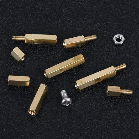 Heavy Duty Brass M3 Fastener Assortment Kit With Hex Socket Standoff Studs Flanged Bolts And Gasket Nuts Super Handy For Electronics Assembly And PCB Repair Jobs That Come Together Easy Without Any Sweat showcasing various brass standoff studs and nuts.