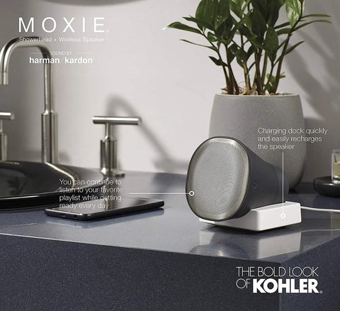 2.5 GPM Showerhead With Bluetooth Speaker And Harman Kardon Audio, charging dock on bathroom counter