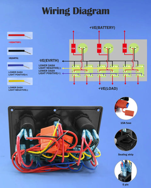 Wiring diagram and back view of Beefed Up 6 Gang Boat Rocker Switch Panel Waterproof Marine DC 12V LED Illuminated Switches