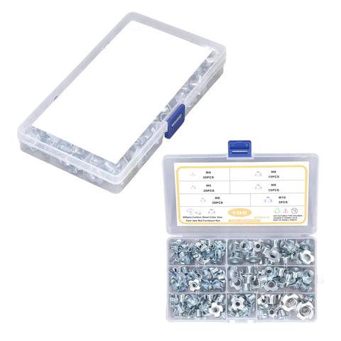 Extensive T Nut Assortment Kit With 105Pcs Galvanized Carbon Steel Tee Nuts M10 Pronged Threaded Inserts in a plastic case