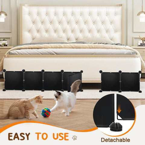 Hella Durable Under Bed Blocker And Pet Barrier With Solid Resin Build For Furniture Skirting Toy Stopping Along Baseboards Room Divider Dust Shield Home Organization Setup with cats playing.
