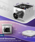 Dimensions of Bathroom Exhaust Fan With Bluetooth Speaker And Light, 110 CFM Quiet, shown in square and side views with measurements.