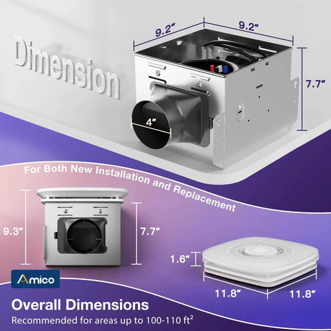 Dimensions of Bathroom Exhaust Fan With Bluetooth Speaker And Light, 110 CFM Quiet, shown in square and side views with measurements.
