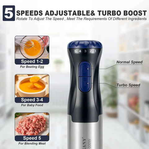 5 speeds adjustable settings on Badass 1000W Immersion Blender Handheld Stick Mixer for versatile food prep.