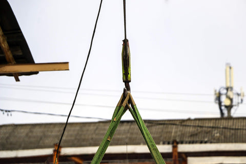 2 Inch By 3 Foot Yellow Flat Eye To Eye Lifting Sling Heavy Duty 6400 Lbs WLL Polyester Double Layer Rigging Sling in use.