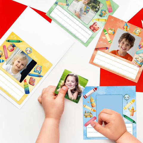 Child placing a photo on 36 Pack Crayon Photo Nameplates for Classroom Desks and Cubbies Self Adhesive Name Tags with Photo Space 4.7 by 4.7 Inches Six Color Designs.