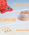 Front view of Amazon brake line repair kit with red tool case, 25 ft copper-coated brake line coil, brass fittings.
