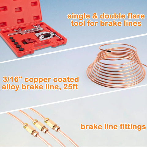 Front view of Amazon brake line repair kit with red tool case, 25 ft copper-coated brake line coil, brass fittings.