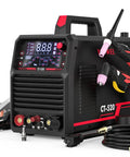 Front view of Five In One Tig Welder And Plasma Cutter All Purpose Welding Machine With Cut HF TIG Pulse TIG Spot Welding And Stick 200 Amp TIG And Stick 50 Amp Plasma Cutting Dual Voltage 110 220V For Home Shop Pros And Pro Grade Welders.
