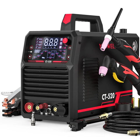 Front view of Five In One Tig Welder And Plasma Cutter All Purpose Welding Machine With Cut HF TIG Pulse TIG Spot Welding And Stick 200 Amp TIG And Stick 50 Amp Plasma Cutting Dual Voltage 110 220V For Home Shop Pros And Pro Grade Welders.