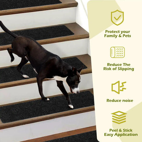 Dog on stairs with No Slip Carpet Stair Treads For Wooden Steps, 16 Piece 8 By 30 Inch Self Adhesive Stair Runners in black