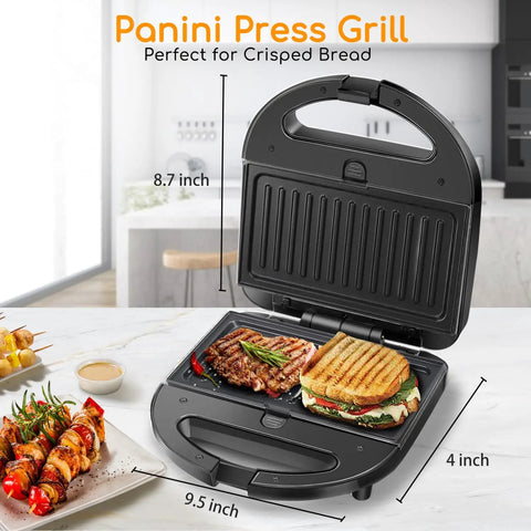 Aigostar 3 In 1 Electric Sandwich Maker With Removable Nonstick Plates Panini Press Grill And Waffle Iron 750W showing grilled sandwiches and meats.