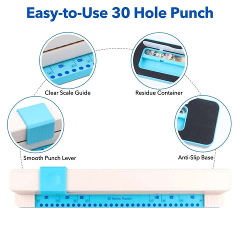 Adjustable 30 Hole Binding Punch For Discbound Notebooks And Journals Portable Hand Operated Puncher with clear scale guide
