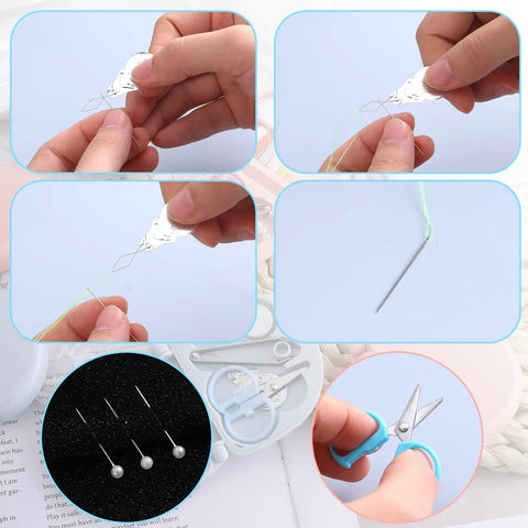 Hands using needles and scissors from 20 Pack Mini Travel Sewing Kit Set For On The Go Repairs With Scissors Needles Thread Spools And Emergency Fix Essentials In Durable Blue And Green Case