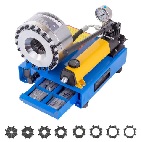 Heavy Duty Hydraulic Hose Crimping Tool With 8 Die Sets For 6 To 28mm Hose And One Quarter Inch Hydraulic Cables Single And Double Braided Crimper 1000 Tons Capacity Wide Crimp Range Durable Pro Grade
