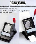 Grab-and-Go DIY Badge Maker Kit With Easy Grip Handle Create 50x50mm Button Badges Photo Magnets And Fridge Magnets Includes Paper Cutter And 100 Components For Quick Custom Badges. paper cutter with red lever, steel frame, for 50x50mm badge paper cutting