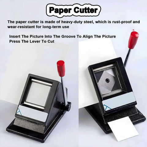 Grab-and-Go DIY Badge Maker Kit With Easy Grip Handle Create 50x50mm Button Badges Photo Magnets And Fridge Magnets Includes Paper Cutter And 100 Components For Quick Custom Badges. paper cutter with red lever, steel frame, for 50x50mm badge paper cutting