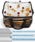 Desert Sunset Cactus Cooler Bag Insulated Lunch Box with drinks and ice, showing Oxford fabric and insulation layers.