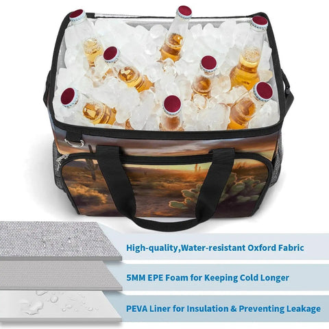 Desert Sunset Cactus Cooler Bag Insulated Lunch Box with drinks and ice, showing Oxford fabric and insulation layers.