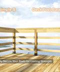 Wooden deck with beefy heavy duty metal post brackets for outdoor use securing railings to wood posts, overlooking ocean.