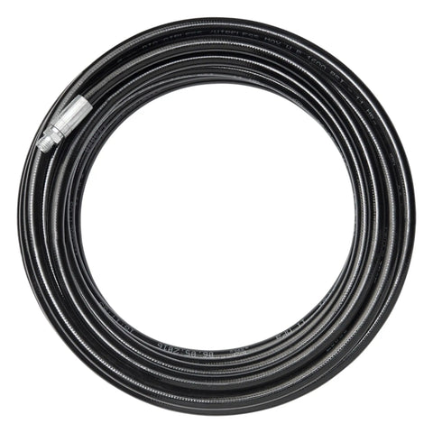 Control Pro 25 Ft Hose With Male And Female Ends For HEA Airless Sprayers coiled for storage, black polyethylene jacket, pro grade