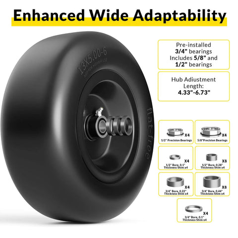 Flat Free 13x5.00-6 Tire And Wheel Set For Zero Turn Mowers, Built Tough No Flats, 500 Lb Load, includes bearing options and spacers