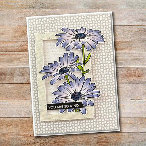 Card featuring Cute Chamomile Silicone Clear Stamp And Die Set for Card Making, showing blue chamomile flowers on a polka dot background.