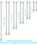 12 Piece Necklace Extender Set Stainless Steel Silver Tone displayed from 1 to 6 inch lengths for adjustable fit