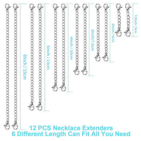 12 Piece Necklace Extender Set Stainless Steel Silver Tone displayed from 1 to 6 inch lengths for adjustable fit
