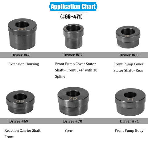 13 Piece Bushing Seal Installer And Remover Tool Kit For GM 700R4 4L60 4L60E 4L65E Transmissions, drivers #66 to #71 application chart