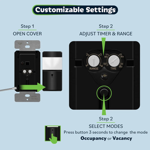 Motion Sensor Light Switch With PIR and Ambient Light Detection, No Neutral Required showing customizable settings and adjustments.