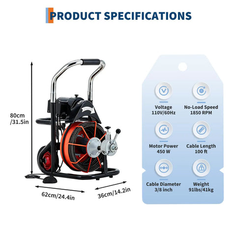Heavy Duty 450 Watt Electric Drain Auger Machine featuring specifications like 1850 RPM motor, 100 ft solid steel cable.