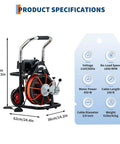 450W Auto Feed Drain Auger Handles Nasty Clogs No Sweat With 100 Ft Steel Cable, product specifications with dimensions and features.