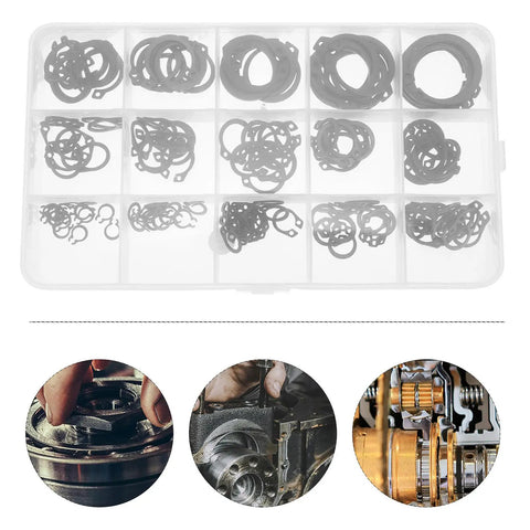175 Piece Pro Grade External C Clip Snap Ring Assortment Kit in black steel with 15 sizes in transparent storage box