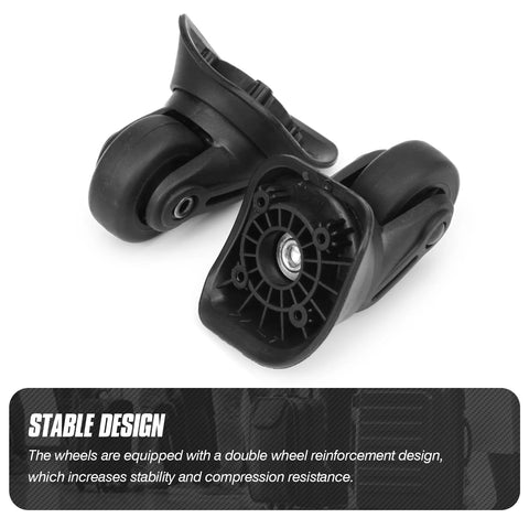 360 Degree Swivel Suitcase Wheels Replacement Caster For Luggage Travel Durable PVC Rubber Hybrid Construction For Quiet Smooth Rolling DIY Repair Pack Black Spinner Wheel Set Fits Most Suitcases, side view showing double wheel design.