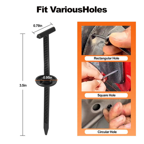 Nylon Universal Cable Tie Buckle Kit 50 Pcs Heavy Duty shown with dimensions and various hole uses for auto repair.