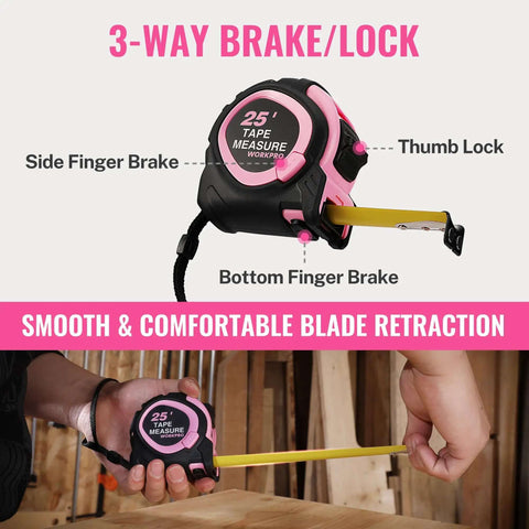 25 Foot Tape Measure With Fractions, Retractable Steel Blade, Magnetic Hook, Three Brake System, Nylon Coating For Durability, Pink Color