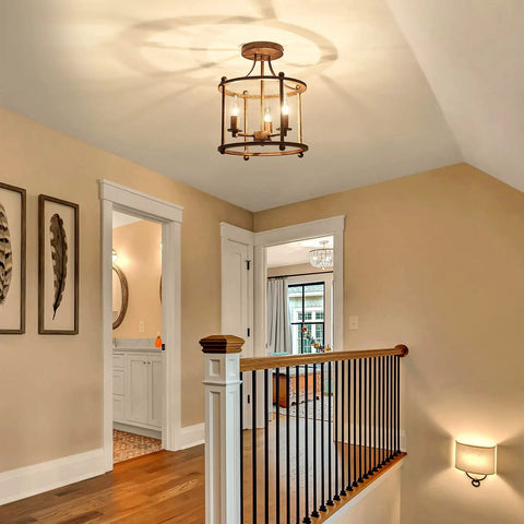 Three Light Farmhouse Vintage Semi Flush Mount Ceiling Light Fixture In Rustic Oil Rubbed Bronze Metal in hallway decor