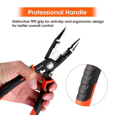 Close-up of 6 In 1 Wire Stripper And Crimping Tool With 8.5 Inch CR-V Steel Heavy Duty Electric Cable Cutter showing the professional handle