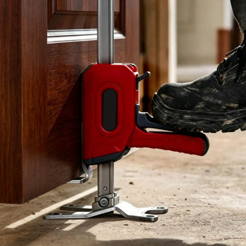 Heavy Duty Arm Jack 2 Pack, Zero Sweat Furniture Lifter, 330 Lbs Hand Lift Tool in use to lift a door, with a foot on the lever.