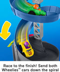 Hot Wheels Spiral Stunt Speedway Race Track Playset With Two Cars for Toddlers, showing Wheelies cars racing down spiral track.