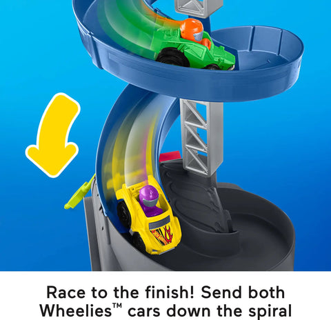 Hot Wheels Spiral Stunt Speedway Race Track Playset With Two Cars for Toddlers, showing Wheelies cars racing down spiral track.