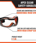 APEX Safety Goggles ANSI Z87 Anti Fog Eyewear With Adjustable Head Strap And Dual Injected Rubber Seal For Dust Debris Protection