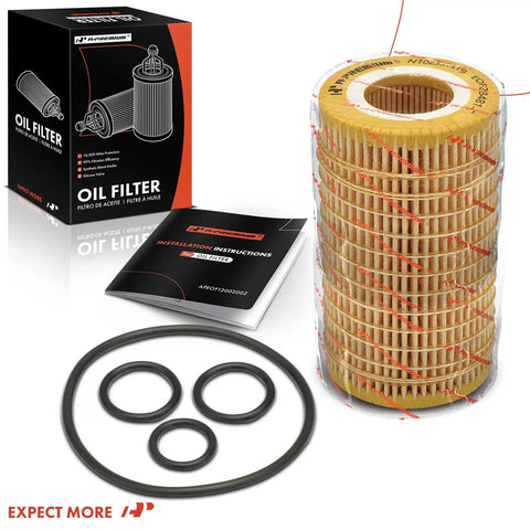 Mercedes-Benz 10K Miles Protection Oil Filter For Mercedes C Class E Class ML CLK Sprinter And More, Compatible With Chrysler Dodge Freightliner, shown with packaging and O-rings.