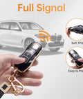 Porsche Key Fob Cover With Leather Lanyard, Built To Last 360 Degree Protection For Macan Cayenne Panamera 911 Boxster Cayman 718 Smart Key held in hand, showing full signal functionality, soft TPU, easy press buttons.