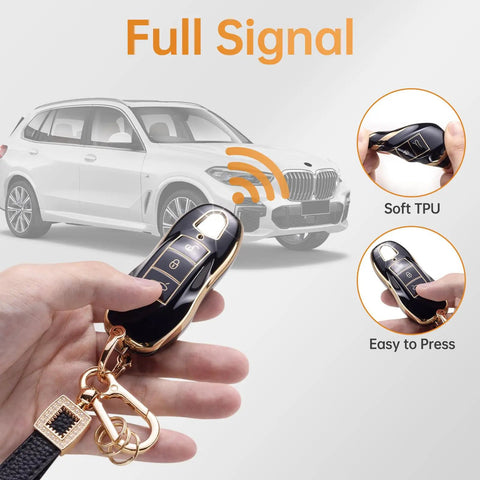 Porsche Key Fob Cover With Leather Lanyard, Built To Last 360 Degree Protection For Macan Cayenne Panamera 911 Boxster Cayman 718 Smart Key held in hand, showing full signal functionality, soft TPU, easy press buttons.