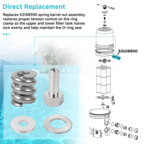 Spring Barrel Nut Assembly Rock Solid Replacement Fits Pentair Spa with stainless spring, nut, and washers for pool water clarity.