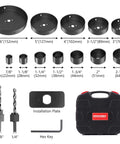 HYCHIKA 19-piece hole saw kit with case, blades 3/4-6 in, mandrels, drill bits, installation plate and hex key.