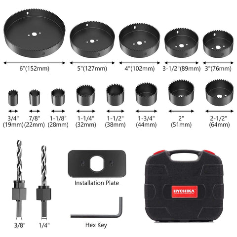 HYCHIKA 19-piece hole saw kit with case, blades 3/4-6 in, mandrels, drill bits, installation plate and hex key.